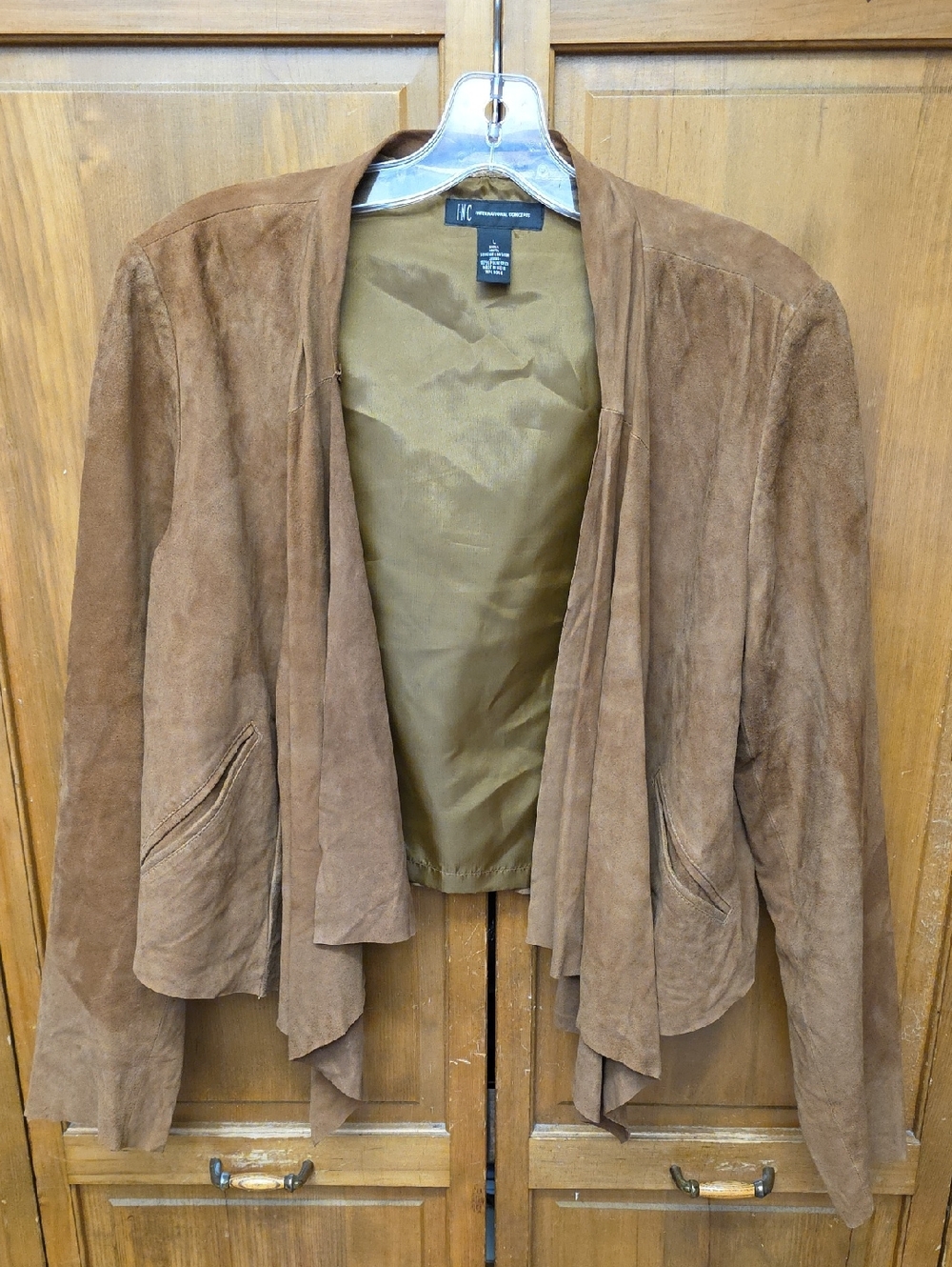 INC 100% Leather Size LG Draped Waterfall Long Sleeve Cardigan Jacket Pockets